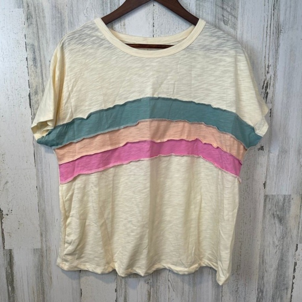 Women's Cream Pastel Stripe Short Sleeve‎ Top Casual Soft Knit Tee Size 1X